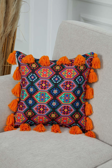 Carnival Themed Cushion Cover with Plenty of Colourful Tassels, 18x18 Inches Printed Floral Pillow Cover Tasseled Design,K-277 Suzani 42 - Orange