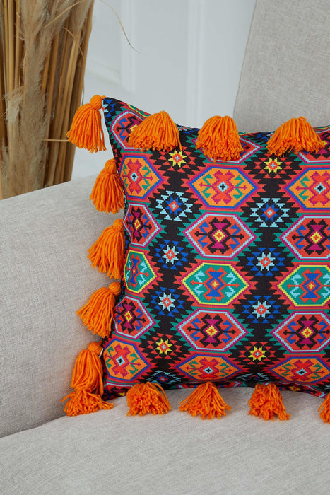 Carnival Themed Cushion Cover with Plenty of Colourful Tassels, 18x18 Inches Printed Floral Pillow Cover Tasseled Design,K-277 Suzani 42 - Orange