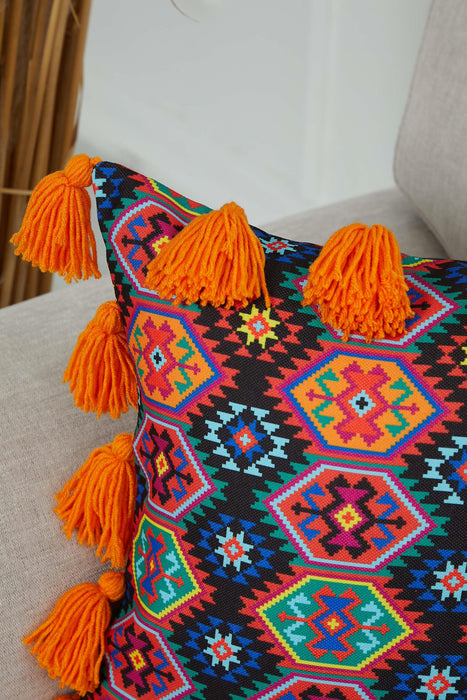 Carnival Themed Cushion Cover with Plenty of Colourful Tassels, 18x18 Inches Printed Floral Pillow Cover Tasseled Design,K-277