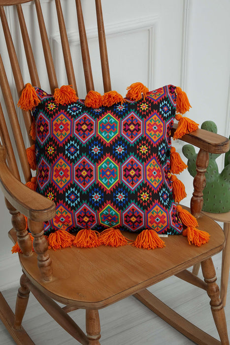 Carnival Themed Cushion Cover with Plenty of Colourful Tassels, 18x18 Inches Printed Floral Pillow Cover Tasseled Design,K-277