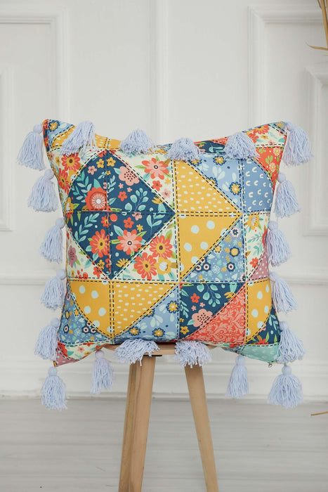 Carnival Themed Cushion Cover with Plenty of Colourful Tassels, 18x18 Inches Printed Floral Pillow Cover Tasseled Design,K-277