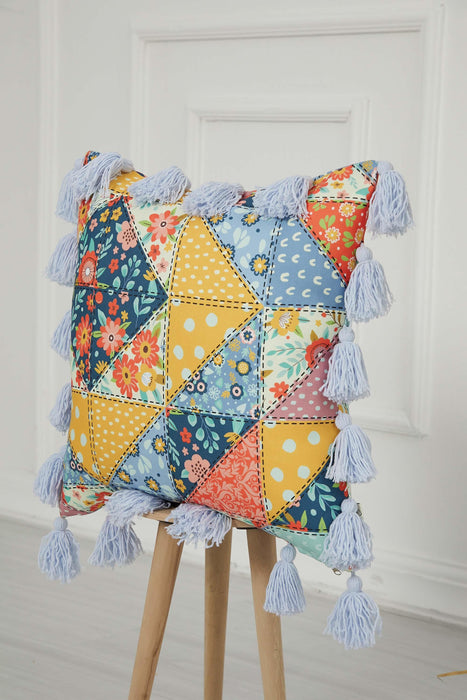 Carnival Themed Cushion Cover with Plenty of Colourful Tassels, 18x18 Inches Printed Floral Pillow Cover Tasseled Design,K-277