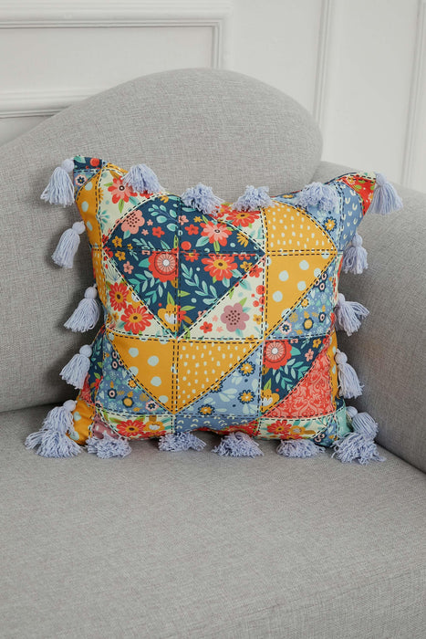 Carnival Themed Cushion Cover with Plenty of Colourful Tassels, 18x18 Inches Printed Floral Pillow Cover Tasseled Design,K-277