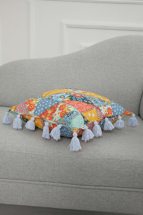 Carnival Themed Cushion Cover with Plenty of Colourful Tassels, 18x18 Inches Printed Floral Pillow Cover Tasseled Design,K-277