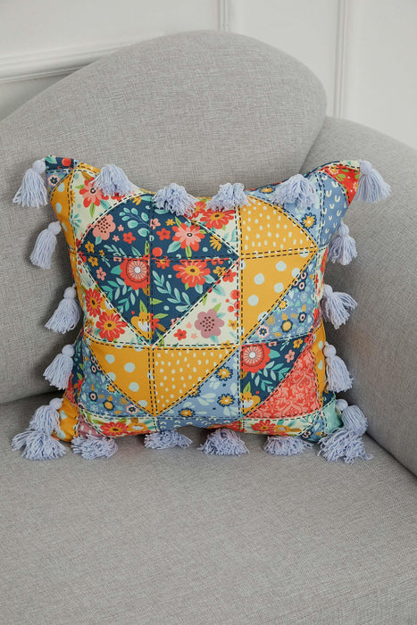 Carnival Themed Cushion Cover with Plenty of Colourful Tassels, 18x18 Inches Printed Floral Pillow Cover Tasseled Design,K-277