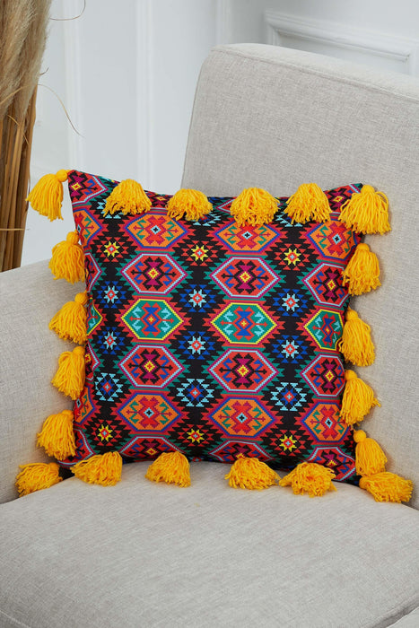 Carnival Themed Cushion Cover with Plenty of Colourful Tassels, 18x18 Inches Printed Floral Pillow Cover Tasseled Design,K-277