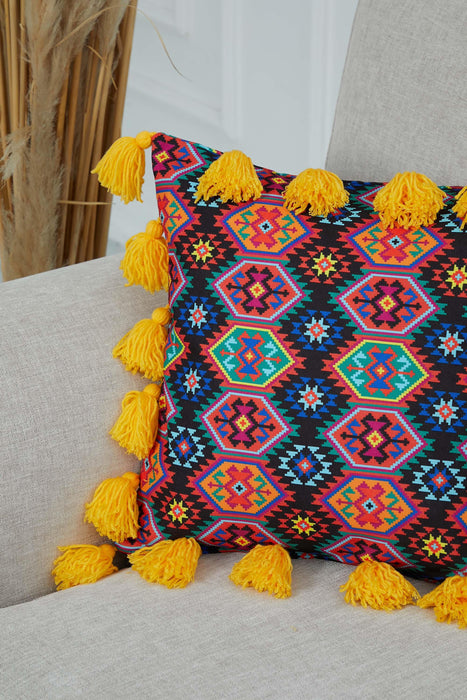 Carnival Themed Cushion Cover with Plenty of Colourful Tassels, 18x18 Inches Printed Floral Pillow Cover Tasseled Design,K-277