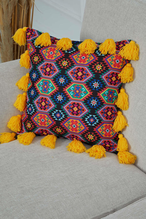 Carnival Themed Cushion Cover with Plenty of Colourful Tassels, 18x18 Inches Printed Floral Pillow Cover Tasseled Design,K-277