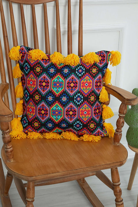 Carnival Themed Cushion Cover with Plenty of Colourful Tassels, 18x18 Inches Printed Floral Pillow Cover Tasseled Design,K-277 Suzani Pattern 42