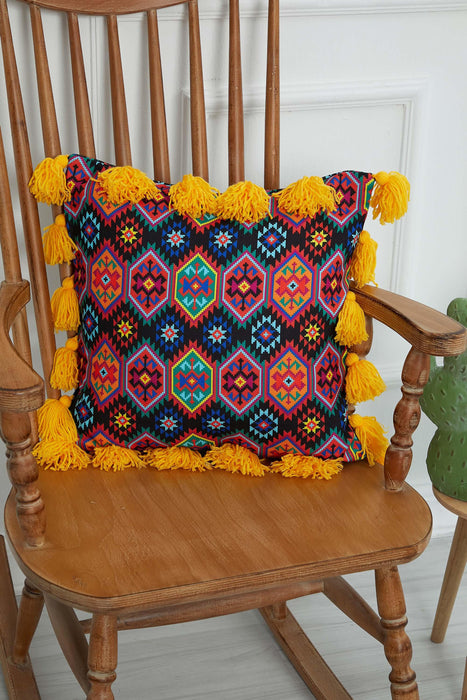 Carnival Themed Cushion Cover with Plenty of Colourful Tassels, 18x18 Inches Printed Floral Pillow Cover Tasseled Design,K-277