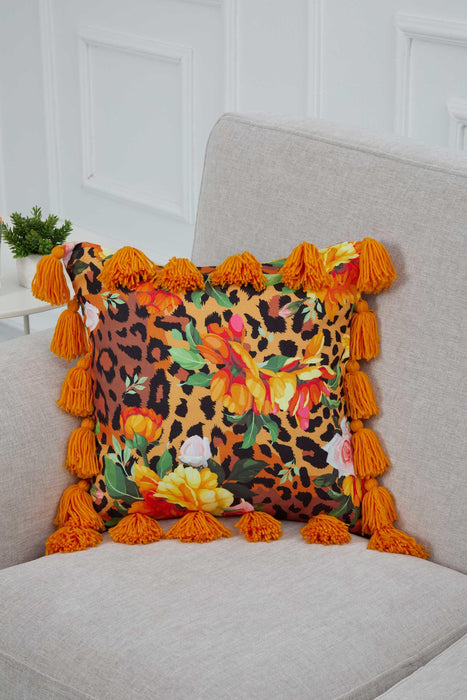 Carnival Themed Cushion Cover with Plenty of Colourful Tassels, 18x18 Inches Printed Floral Pillow Cover Tasseled Design,K-277