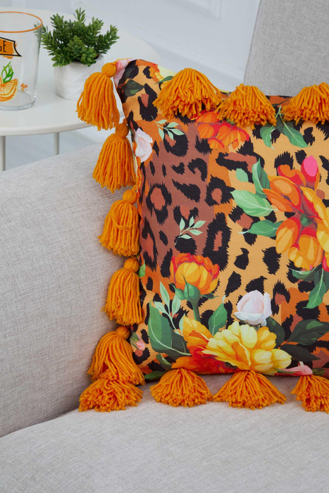 Carnival Themed Cushion Cover with Plenty of Colourful Tassels, 18x18 Inches Printed Floral Pillow Cover Tasseled Design,K-277