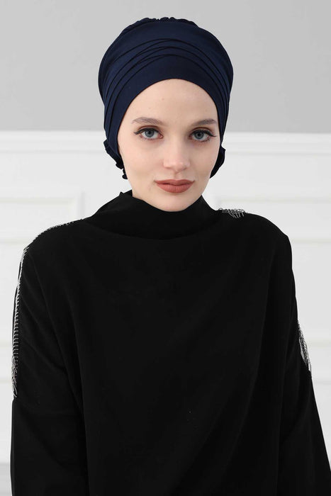 Chic Cross-Front Style Instant Turban Easy to Wear Cotton Stretch Headwrap, Elegant Modest Headwear, Versatile Pre-Tied Hijab for Women,B-14 Navy Blue