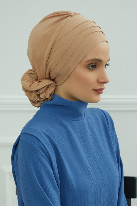 Chic Cross-Front Style Instant Turban Easy to Wear Cotton Stretch Headwrap, Elegant Modest Headwear, Versatile Pre-Tied Hijab for Women,B-14 Sand Brown