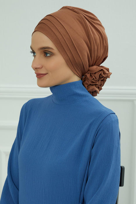 Chic Cross-Front Style Instant Turban Easy to Wear Cotton Stretch Headwrap, Elegant Modest Headwear, Versatile Pre-Tied Hijab for Women,B-14 Caramel Brown