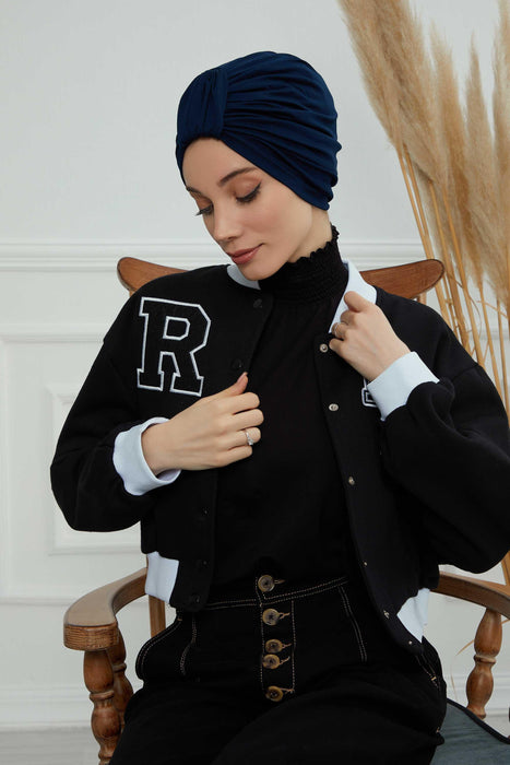 Chic Design Cotton Instant Turban Hijab for Women, Beautiful Pre-tied Turban Bonnet for Women, Trendy Fashionable Cancer Chemo Headwear,B-68 Navy Blue