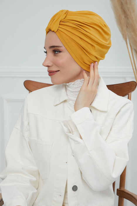 Chic Design Cotton Instant Turban Hijab for Women, Beautiful Pre-tied Turban Bonnet for Women, Trendy Fashionable Cancer Chemo Headwear,B-68 Mustard Yellow