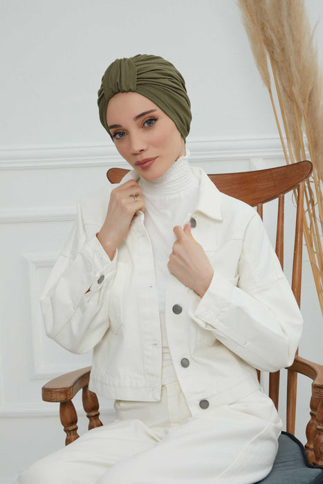 Chic Design Cotton Instant Turban Hijab for Women, Beautiful Pre-tied Turban Bonnet for Women, Trendy Fashionable Cancer Chemo Headwear,B-68 Army Green