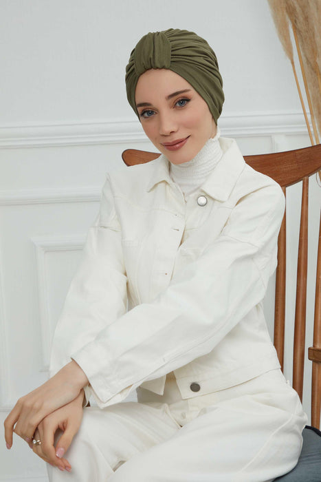 Chic Design Cotton Instant Turban Hijab for Women, Beautiful Pre-tied Turban Bonnet for Women, Trendy Fashionable Cancer Chemo Headwear,B-68 Army Green