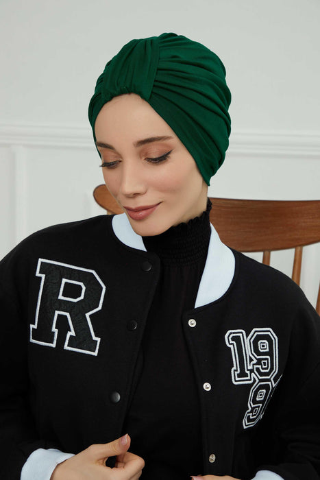 Chic Design Cotton Instant Turban Hijab for Women, Beautiful Pre-tied Turban Bonnet for Women, Trendy Fashionable Cancer Chemo Headwear,B-68 Green
