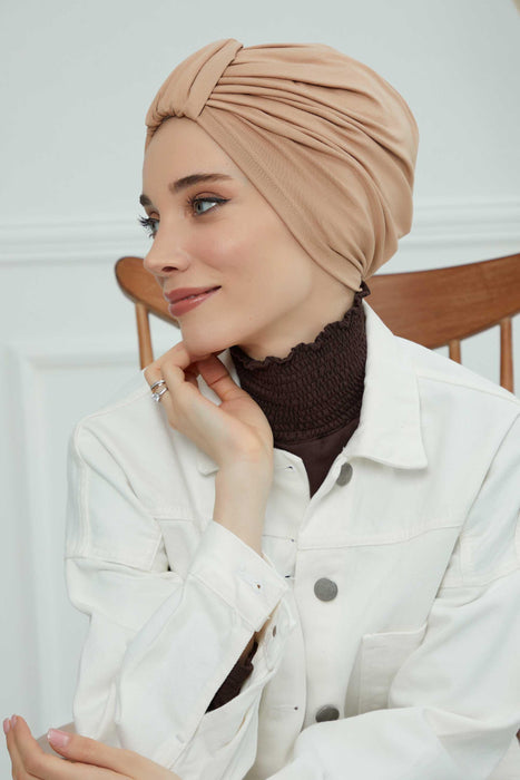 Chic Design Cotton Instant Turban Hijab for Women, Beautiful Pre-tied Turban Bonnet for Women, Trendy Fashionable Cancer Chemo Headwear,B-68 Light Brown