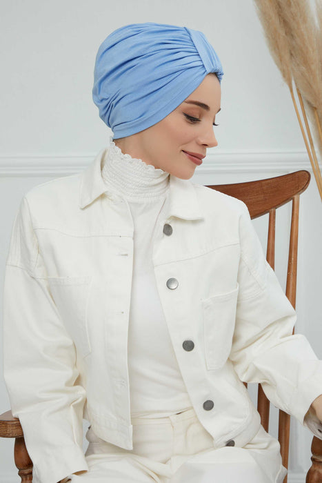 Chic Design Cotton Instant Turban Hijab for Women, Beautiful Pre-tied Turban Bonnet for Women, Trendy Fashionable Cancer Chemo Headwear,B-68 Blue