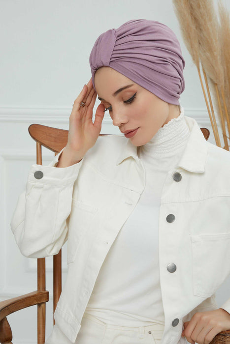 Chic Design Cotton Instant Turban Hijab for Women, Beautiful Pre-tied Turban Bonnet for Women, Trendy Fashionable Cancer Chemo Headwear,B-68 Lilac