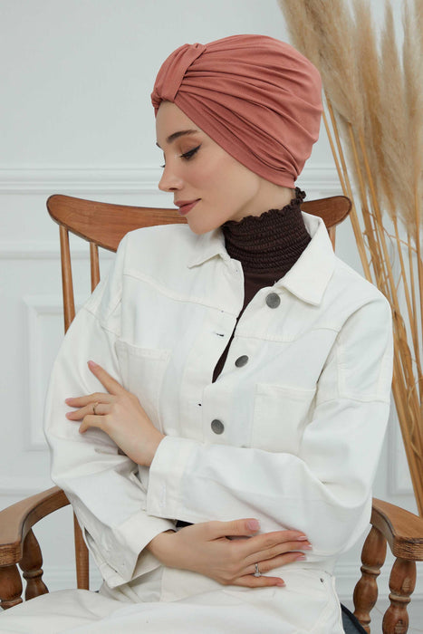 Chic Design Cotton Instant Turban Hijab for Women, Beautiful Pre-tied Turban Bonnet for Women, Trendy Fashionable Cancer Chemo Headwear,B-68 Salmon