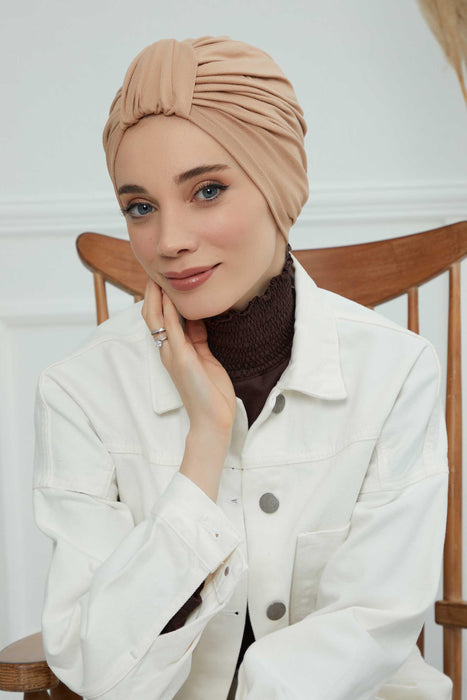 Chic Design Cotton Instant Turban Hijab for Women, Beautiful Pre-tied Turban Bonnet for Women, Trendy Fashionable Cancer Chemo Headwear,B-68 Sand Brown
