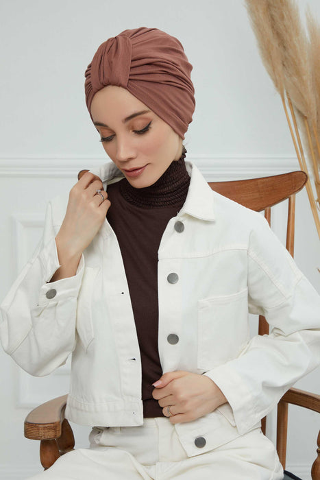 Chic Design Cotton Instant Turban Hijab for Women, Beautiful Pre-tied Turban Bonnet for Women, Trendy Fashionable Cancer Chemo Headwear,B-68 Caramel Brown