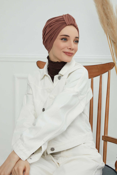 Chic Design Cotton Instant Turban Hijab for Women, Beautiful Pre-tied Turban Bonnet for Women, Trendy Fashionable Cancer Chemo Headwear,B-68 Caramel Brown