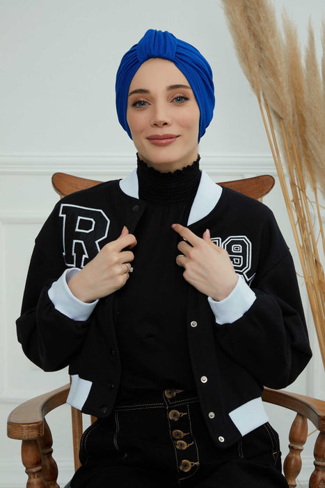 Chic Design Cotton Instant Turban Hijab for Women, Beautiful Pre-tied Turban Bonnet for Women, Trendy Fashionable Cancer Chemo Headwear,B-68 Sax Blue