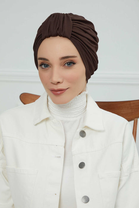 Chic Design Cotton Instant Turban Hijab for Women, Beautiful Pre-tied Turban Bonnet for Women, Trendy Fashionable Cancer Chemo Headwear,B-68 Brown