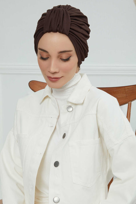 Chic Design Cotton Instant Turban Hijab for Women, Beautiful Pre-tied Turban Bonnet for Women, Trendy Fashionable Cancer Chemo Headwear,B-68 Brown