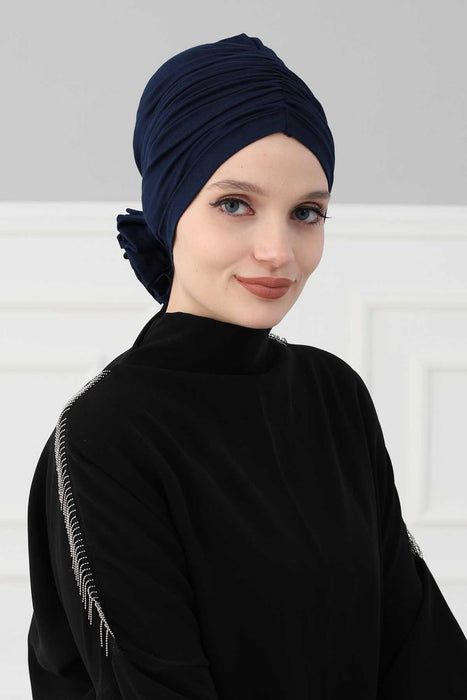 Chic Rose Accent Instant Turban Hijab for Women, Cotton Scarf Chemo Head Wrap, Plain Bonnet Cap with a Beautiful Big Handmade Rose,B-21 Navy Blue