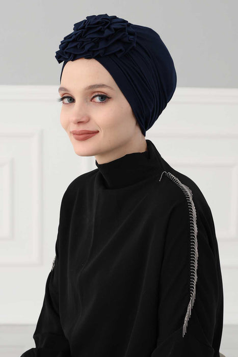 Chic Rose Accent Instant Turban Hijab for Women, Cotton Scarf Chemo Head Wrap, Plain Bonnet Cap with a Beautiful Big Handmade Rose,B-21 Navy Blue