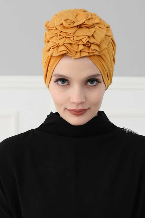 Chic Rose Accent Instant Turban Hijab for Women, Cotton Scarf Chemo Head Wrap, Plain Bonnet Cap with a Beautiful Big Handmade Rose,B-21 Mustard Yellow