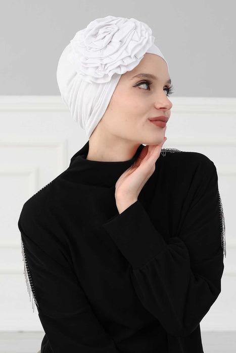 Chic Rose Accent Instant Turban Hijab for Women, Cotton Scarf Chemo Head Wrap, Plain Bonnet Cap with a Beautiful Big Handmade Rose,B-21 White