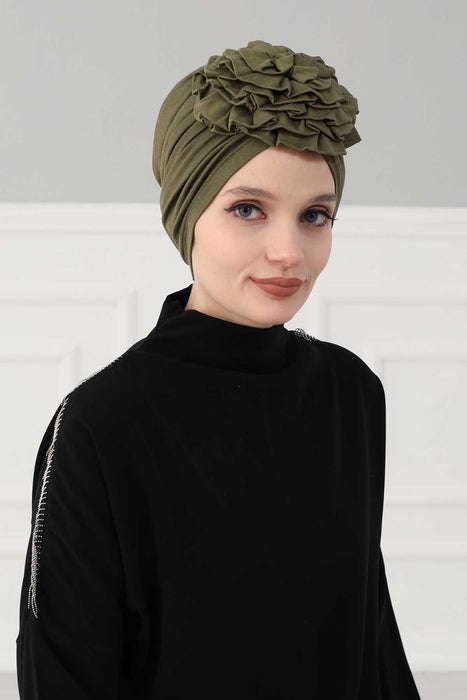 Chic Rose Accent Instant Turban Hijab for Women, Cotton Scarf Chemo Head Wrap, Plain Bonnet Cap with a Beautiful Big Handmade Rose,B-21 Army Green