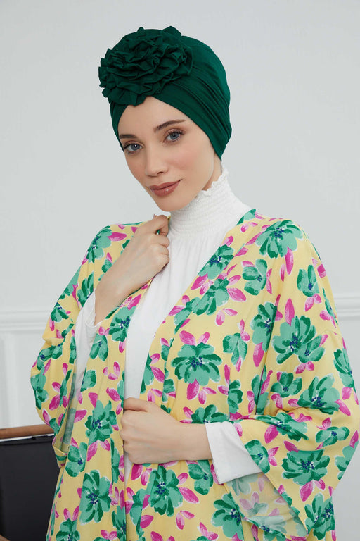 Chic Rose Accent Instant Turban Hijab for Women, Cotton Scarf Chemo Head Wrap, Plain Bonnet Cap with a Beautiful Big Handmade Rose,B-21 Green