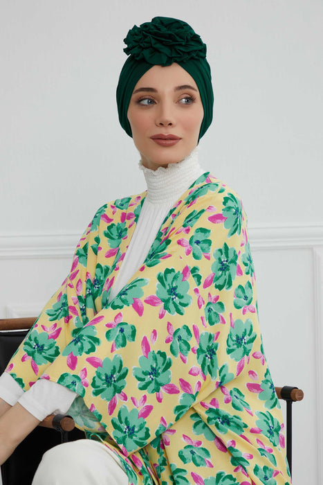 Chic Rose Accent Instant Turban Hijab for Women, Cotton Scarf Chemo Head Wrap, Plain Bonnet Cap with a Beautiful Big Handmade Rose,B-21 Green