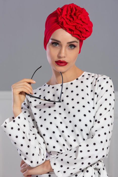 Chic Rose Accent Instant Turban Hijab for Women, Cotton Scarf Chemo Head Wrap, Plain Bonnet Cap with a Beautiful Big Handmade Rose,B-21 Red