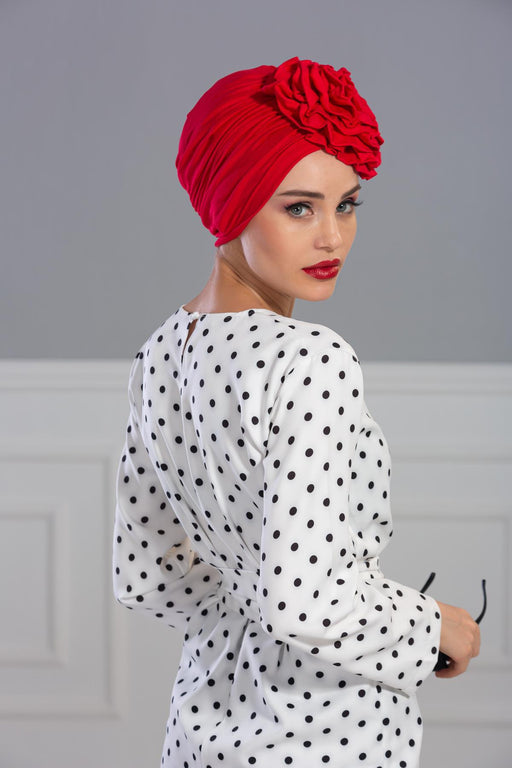 Chic Rose Accent Instant Turban Hijab for Women, Cotton Scarf Chemo Head Wrap, Plain Bonnet Cap with a Beautiful Big Handmade Rose,B-21 Red