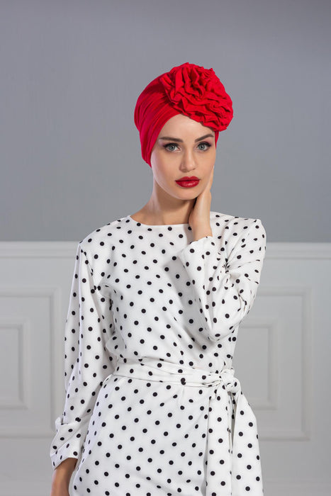 Chic Rose Accent Instant Turban Hijab for Women, Cotton Scarf Chemo Head Wrap, Plain Bonnet Cap with a Beautiful Big Handmade Rose,B-21 Red