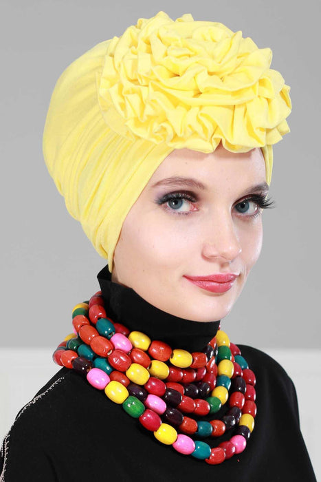Chic Rose Accent Instant Turban Hijab for Women, Cotton Scarf Chemo Head Wrap, Plain Bonnet Cap with a Beautiful Big Handmade Rose,B-21 Yellow