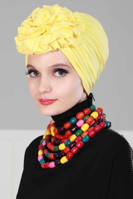 Chic Rose Accent Instant Turban Hijab for Women, Cotton Scarf Chemo Head Wrap, Plain Bonnet Cap with a Beautiful Big Handmade Rose,B-21 Yellow
