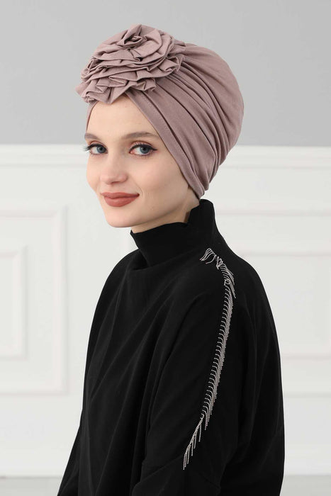 Chic Rose Accent Instant Turban Hijab for Women, Cotton Scarf Chemo Head Wrap, Plain Bonnet Cap with a Beautiful Big Handmade Rose,B-21 Mink