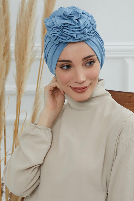 Chic Rose Accent Instant Turban Hijab for Women, Cotton Scarf Chemo Head Wrap, Plain Bonnet Cap with a Beautiful Big Handmade Rose,B-21 Blue