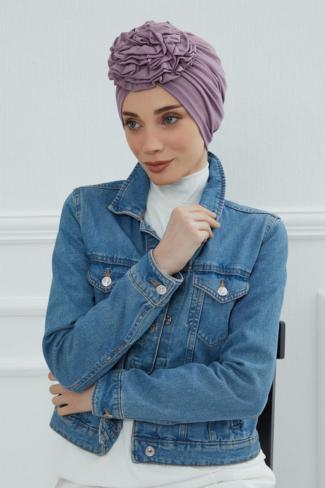 Chic Rose Accent Instant Turban Hijab for Women, Cotton Scarf Chemo Head Wrap, Plain Bonnet Cap with a Beautiful Big Handmade Rose,B-21 Lilac