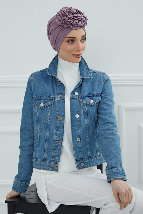 Chic Rose Accent Instant Turban Hijab for Women, Cotton Scarf Chemo Head Wrap, Plain Bonnet Cap with a Beautiful Big Handmade Rose,B-21 Lilac
